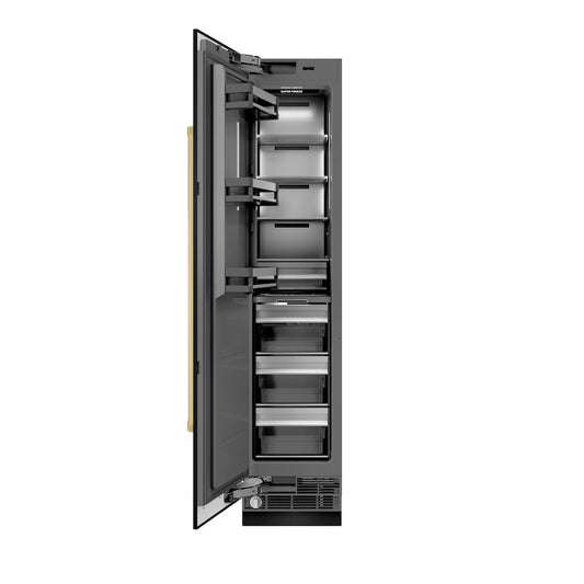 ZLINE Autograph Edition 18 in. 8.6 cu. ft. Left Hinge Column Freezer in Black Stainless Steel with Graphite Gray Interior and Polished Gold Accents (RCFVLZ-BS-18-G) front, open.