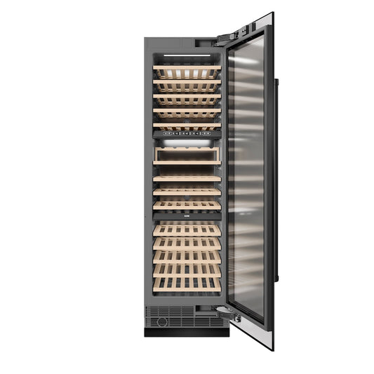 ZLINE 24 in. 12.4 cu. ft. Triple Zone 100 Bottle Column Wine Cooler in Black Stainless Steel (RCWV-BS-24) front, open.
