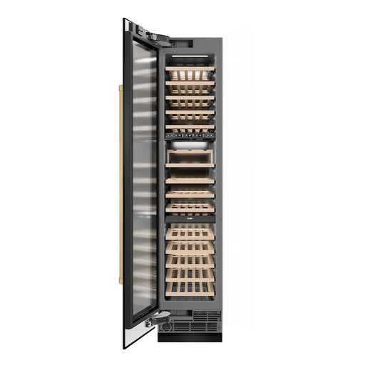 ZLINE Autograph Edition 18 in. 9.0 cu. ft. Triple Zone 68 Bottle Left Hinge Column Wine Cooler in Black Stainless Steel with Champagne Bronze Accents (RCWVLZ-BS-18-CB) front, open.