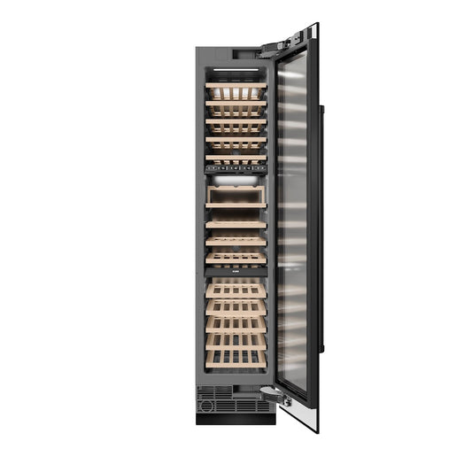 ZLINE 18 in. 9.0 cu. ft. Triple Zone 68 Bottle Right Hinge Column Wine Cooler in Black Stainless Steel (RCWVR-BS-18) front, open.