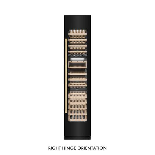ZLINE Autograph Edition 18 in. 9.0 cu. ft. Triple Zone 68 Bottle Right Hinge Column Wine Cooler in Black Stainless Steel with Champagne Bronze Accents (RCWVRZ-BS-18-CB) front, closed.