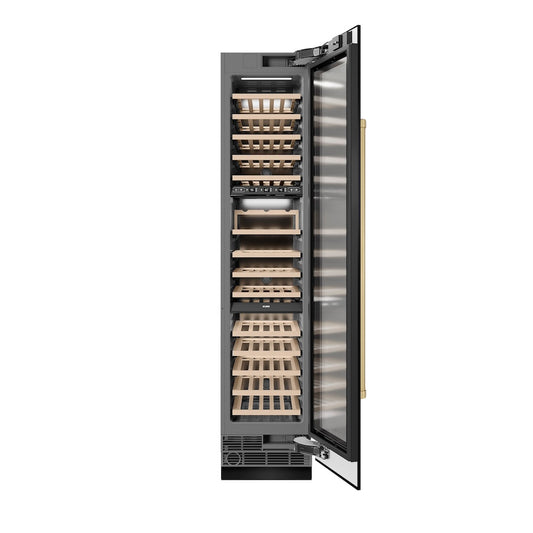 ZLINE Autograph Edition 18 in. 9.0 cu. ft. Triple Zone 68 Bottle Right Hinge Column Wine Cooler in Black Stainless Steel with Champagne Bronze Accents (RCWVRZ-BS-18-CB) front, open.