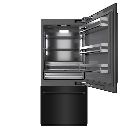 ZLINE 36 in. 19.8 cu. ft. Built-In Bottom Freezer Refrigerator with Water Dispenser and Ice Maker in Black Stainless Steel with Graphite Gray Interior (GRBIT-BS-36) front, open.