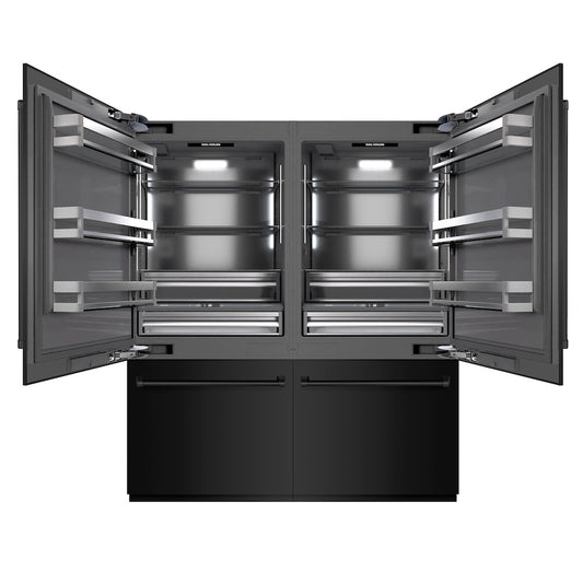 ZLINE 72 in. 39.6 cu. ft. French Door Built-In Bottom Freezer Refrigerator with Water Dispensers and Ice Makers in Black Stainless Steel with Graphite Gray Interior (GRBIT-BS-72) front, open.