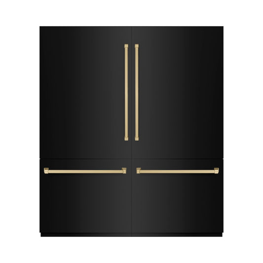 ZLINE Autograph Edition 72 in. 39.6 cu. ft. French Door Built-In Bottom Freezer Refrigerator with Water Dispensers and Ice Makers in Black Stainless Steel with Graphite Gray Interior and Champagne Bronze Accents (GRBITZ-BS-72-CB) front, closed.