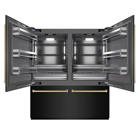 ZLINE Autograph Edition 72 in. 39.6 cu. ft. French Door Built-In Bottom Freezer Refrigerator with Water Dispensers and Ice Makers in Black Stainless Steel with Graphite Gray Interior and Champagne Bronze Accents (GRBITZ-BS-72-CB) front, open.