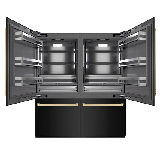 ZLINE Autograph Edition 72 in. 39.6 cu. ft. French Door Built-In Bottom Freezer Refrigerator with Water Dispensers and Ice Makers in Black Stainless Steel with Graphite Gray Interior and Champagne Bronze Accents (GRBITZ-BS-72-CB) main image.