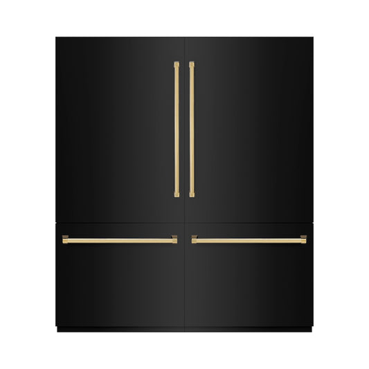 ZLINE Autograph Edition 72 in. 39.6 cu. ft. French Door Built-In Bottom Freezer Refrigerator with Water Dispensers and Ice Makers in Black Stainless Steel with Graphite Gray Interior and Polished Gold Accents (GRBITZ-BS-72-G) front, closed.