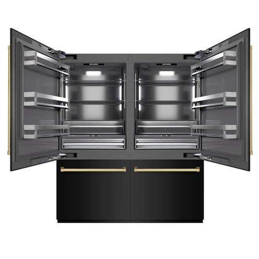 ZLINE Autograph Edition 72 in. 39.6 cu. ft. French Door Built-In Bottom Freezer Refrigerator with Water Dispensers and Ice Makers in Black Stainless Steel with Graphite Gray Interior and Polished Gold Accents (GRBITZ-BS-72-G) front, open.