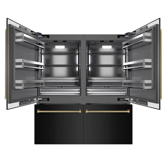ZLINE Autograph Edition 72 in. 39.6 cu. ft. French Door Built-In Bottom Freezer Refrigerator with Water Dispensers and Ice Makers in Black Stainless Steel with Graphite Gray Interior and Polished Gold Helix Handles (GRBITZ-BS-72-KG) main image.