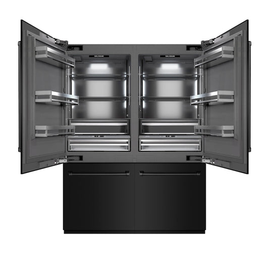 ZLINE 60 in. 32.2 cu. ft. French Door Built-In Bottom Freezer Refrigerator with Water Dispensers and Ice Makers in Black Stainless Steel with Graphite Gray Interior (GRBIV-BS-60) front, open.