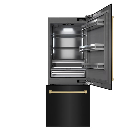 ZLINE Autograph Edition 30 in. 16.1 cu. ft. Built-In Bottom Freezer Refrigerator with Water Dispenser and Ice Maker in Black Stainless Steel with Graphite Gray Interior and Champagne Bronze Accents (GRBIVZ-BS-30-CB) front, open.