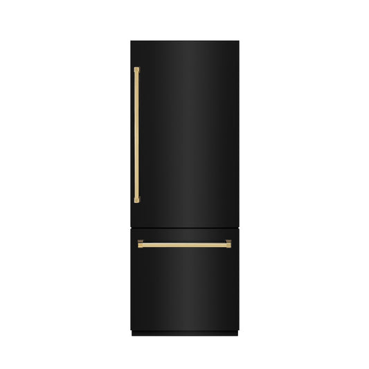 ZLINE Autograph Edition 30 in. 16.1 cu. ft. Built-In Bottom Freezer Refrigerator with Water Dispenser and Ice Maker in Black Stainless Steel with Graphite Gray Interior and Polished Gold Accents (GRBIVZ-BS-30-G) front, closed.