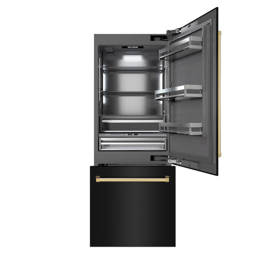 ZLINE Autograph Edition 30 in. 16.1 cu. ft. Built-In Bottom Freezer Refrigerator with Water Dispenser and Ice Maker in Black Stainless Steel with Graphite Gray Interior and Polished Gold Accents (GRBIVZ-BS-30-G) front, open.