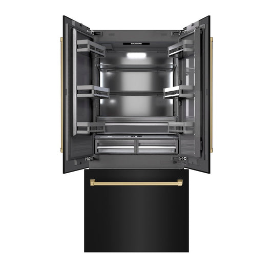 ZLINE Autograph Edition 36 in. 19.6 cu. ft. French Door Built-In Bottom Freezer Refrigerator with Water Dispenser and Ice Maker in Black Stainless Steel with Graphite Gray Interior and Champagne Bronze Accents (GRBIVZ-BS-36-CB) front, open.