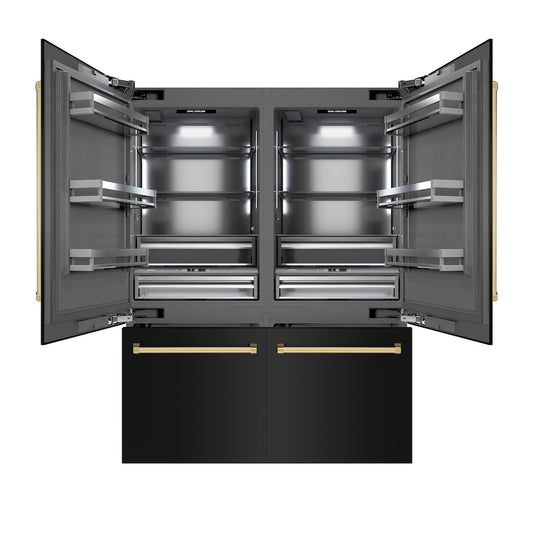 ZLINE Autograph Edition 60 in. 32.2 cu. ft. French Door Built-In Bottom Freezer Refrigerator with Water Dispenser and Ice Maker in Black Stainless Steel with Graphite Gray Interior and Polished Gold Accents (GRBIVZ-BS-60-G) front, open.