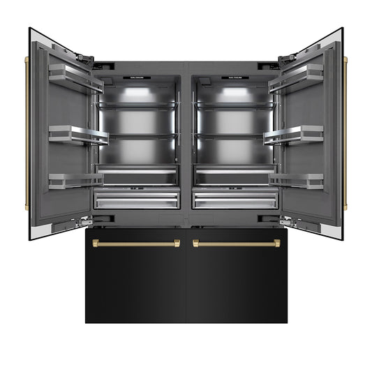 ZLINE Autograph Edition 60 in. 32.2 cu. ft. French Door Built-In Bottom Freezer Refrigerator with Water Dispenser and Ice Maker in Black Stainless Steel with Graphite Gray Interior and Champagne Bronze Helix Handles (GRBIVZ-BS60KCB)