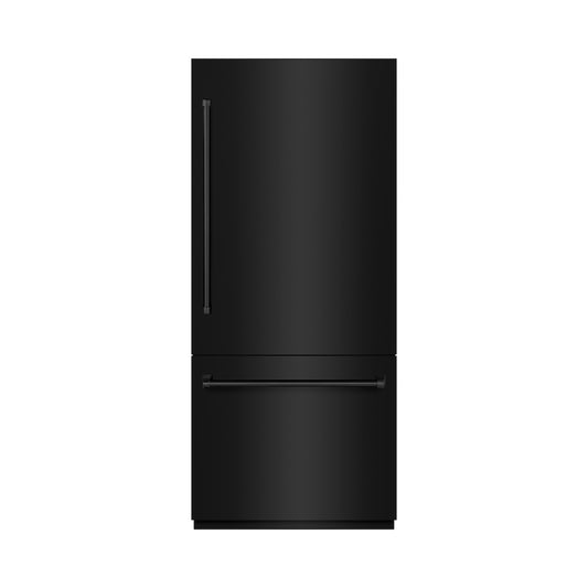 ZLINE 36 in. 19.8 cu. ft. Built-In Bottom Freezer Refrigerator with Water Dispenser and Ice Maker in Black Stainless Steel (RBIT-BS-36) front, closed.