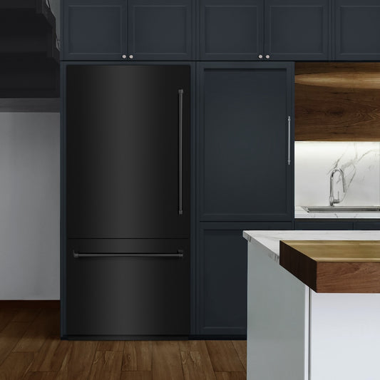 ZLINE 36 in. 19.8 cu. ft. Built-In Bottom Freezer Refrigerator with Water Dispenser and Ice Maker in Black Stainless Steel (RBIT-BS-36) in a luxury kitchen.