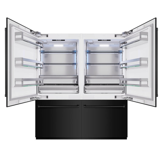 ZLINE 72 in. 39.6 cu. ft. French Door Built-In Bottom Freezer Refrigerator with Water Dispensers and Ice Makers in Black Stainless Steel (RBIT-BS-72) front, open.