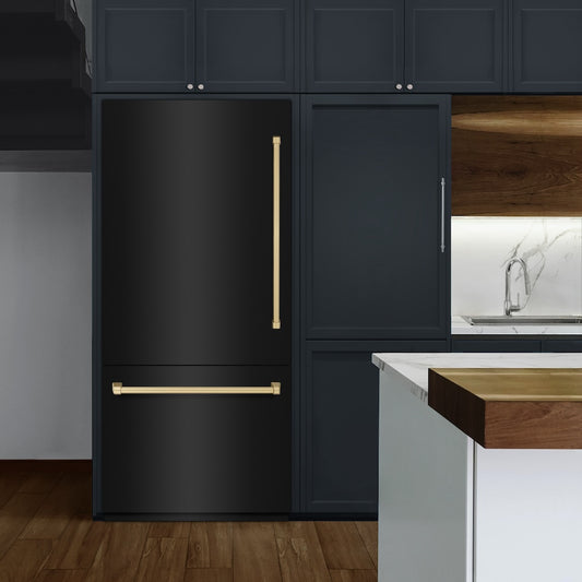 ZLINE Autograph Edition 36 in. 19.8 cu. ft. Built-In Bottom Freezer Refrigerator with Water Dispenser and Ice Maker in Black Stainless Steel and Champagne Bronze Accents (RBITZ-BS-36-CB) in a luxury kitchen.