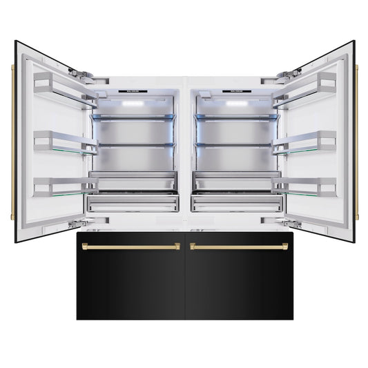 ZLINE Autograph Edition 72 in. 39.6 cu. ft. French Door Built-In Bottom Freezer Refrigerator with Water Dispensers and Ice Makers in Black Stainless Steel and Champagne Bronze Accents (RBITZ-BS-72-CB) front, open.