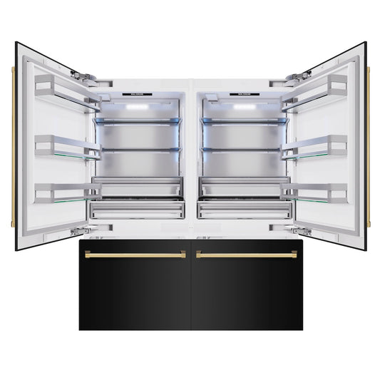 ZLINE Autograph Edition 72 in. 39.6 cu. ft. French Door Built-In Bottom Freezer Refrigerator with Water Dispensers and Ice Makers in Black Stainless Steel and Polished Gold Accents (RBITZ-BS-72-G) front, open.