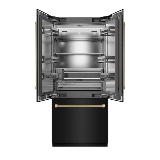 ZLINE Autograph Edition 36 in. 19.6 cu. ft. French Door Built-In Bottom Freezer Refrigerator with Water Dispenser and Ice Maker in Black Stainless Steel with Stainless Steel Interior and Champagne Bronze Helix Handles (SRBIVZ-BS36KCB)
