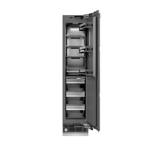 ZLINE 18 in. 8.6 cu. ft. Panel Ready Right Hinge Column Freezer with Graphite Gray Interior (RBCFVR-18) front, open.