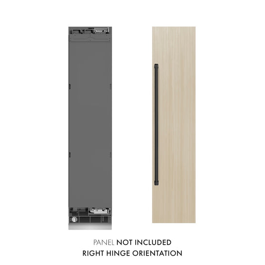ZLINE Autograph Edition 18 in. 8.6 cu. ft. Panel Ready Right Hinge Column Freezer with Graphite Gray Interior and Matte Black Accents (RBCFVRZ-18-MB) unit without panels next to custom panels. Text: Panel Not Included. Right Hinge Orientation.