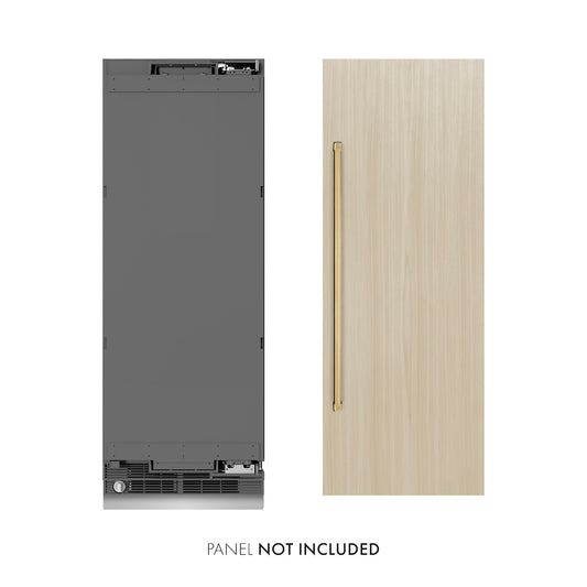 ZLINE Autograph Edition 30 in. 16.7 cu. ft. Panel Ready Column Refrigerator with Graphite Gray Interior and Polished Gold Accents (RBCRVZ-30-G) front, next to custom panel and handle. Text: Panel not included.