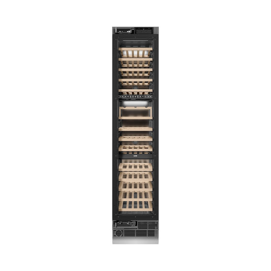 ZLINE Autograph Edition 18 in. 9.0 cu. ft. Triple Zone 68 Bottle Panel Ready Left Hinge Column Wine Cooler with Champagne Bronze Accents (RBCWVLZ-18-CB) front, closed.