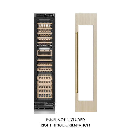 ZLINE Autograph Edition 18 in. 9.0 cu. ft. Triple Zone 68 Bottle Panel Ready Right Hinge Column Wine Cooler with Polished Gold Accents (RBCWVRZ-18-G) unit without panels next to custom panels. Text: Panel Not Included. Right Hinge Orientation.