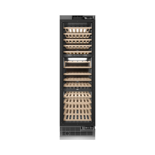 ZLINE Autograph Edition 24 in. 12.4 cu. ft. Triple Zone 100 Bottle Panel Ready Column Wine Cooler with Polished Gold Accents (RBCWVZ-24-G) front, closed.