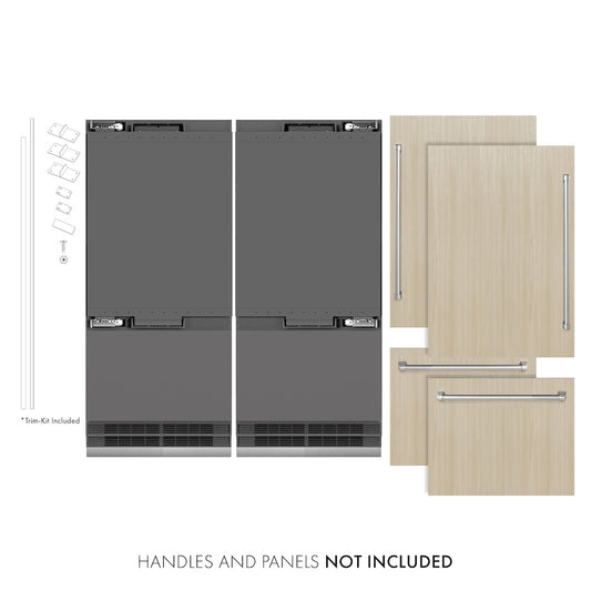 ZLINE 72 in. 39.6 cu. ft. Panel Ready French Door Built-In Bottom Freezer Refrigerator with Water Dispensers and Ice Makers with Graphite Gray Interior (GRBIT-72) front, next to custom panels and handles. Text: Handles and panels not included.