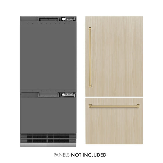 ZLINE Autograph Edition 36 in. 19.8 cu. ft. Panel Ready Built-In Bottom Freezer Refrigerator with Water Dispenser and Ice Maker with Graphite Gray Interior and Champagne Bronze Accents (GRBITZ-36-CB) front, closed, next to custom panels with handles installed. Text: Panels not included. Trim kit included.