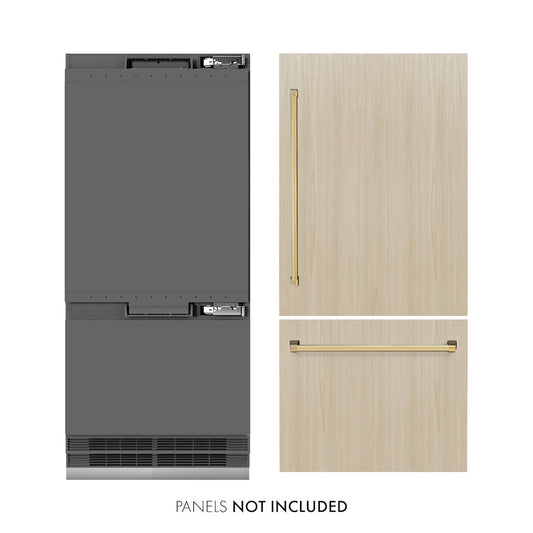 ZLINE Autograph Edition 36 in. 19.8 cu. ft. Panel Ready Built-In Bottom Freezer Refrigerator with Water Dispenser and Ice Maker with Graphite Gray Interior and Polished Gold Accents (GRBITZ-36-G) front, closed, next to custom panels with handles installed. Text: Panels not included.