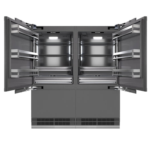 ZLINE Autograph Edition 72 in. 39.6 cu. ft. Panel Ready French Door Built-In Bottom Freezer Refrigerator with Water Dispensers and Ice Makers with Graphite Gray Interior and Polished Gold Accents (GRBITZ-72-G) front, open.