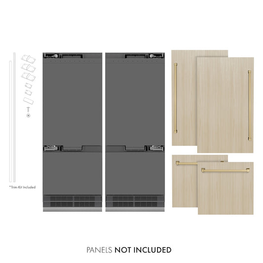 ZLINE Autograph Edition 60 in. 32.2 cu. ft. Panel Ready French Door Built-In Bottom Freezer Refrigerator with Water Dispenser and Ice Maker with Graphite Gray Interior and Champagne Bronze Accents (GRBIVZ-60-CB) front, closed, next to custom panels with handles installed. Text: Panels not included. Trim kit included.