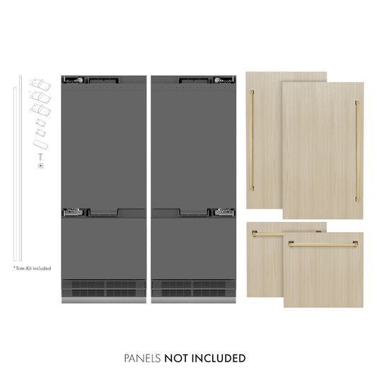 ZLINE Autograph Edition 60 in. 32.2 cu. ft. Panel Ready French Door Built-In Bottom Freezer Refrigerator with Water Dispenser and Ice Maker with Graphite Gray Interior and Polished Gold Accents (GRBIVZ-60-G) front, closed, next to custom panels with handles installed. Text: Panels not included. Trim kit included.