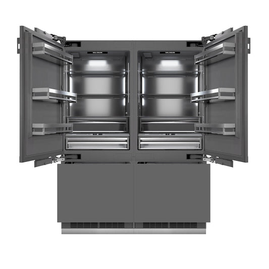 ZLINE Autograph Edition 60 in. 32.2 cu. ft. Panel Ready French Door Built-In Bottom Freezer Refrigerator with Water Dispenser and Ice Maker with Graphite Gray Interior and Matte Black Accents (GRBIVZ-60-MB) front, open.