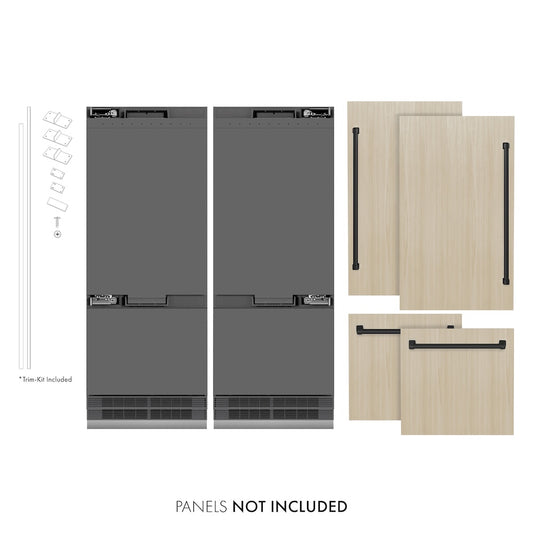 ZLINE Autograph Edition 60 in. 32.2 cu. ft. Panel Ready French Door Built-In Bottom Freezer Refrigerator with Water Dispenser and Ice Maker with Graphite Gray Interior and Matte Black Accents (GRBIVZ-60-MB) front, closed, next to custom panels with handles installed. Text: Panels not included. Trim kit included.