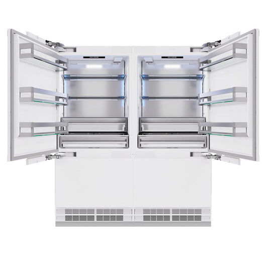ZLINE 72 in. 39.6 cu. ft. Panel Ready French Door Built-In Bottom Freezer Refrigerator with Water Dispensers and Ice Makers (RBIT-72) front, no panels, open.