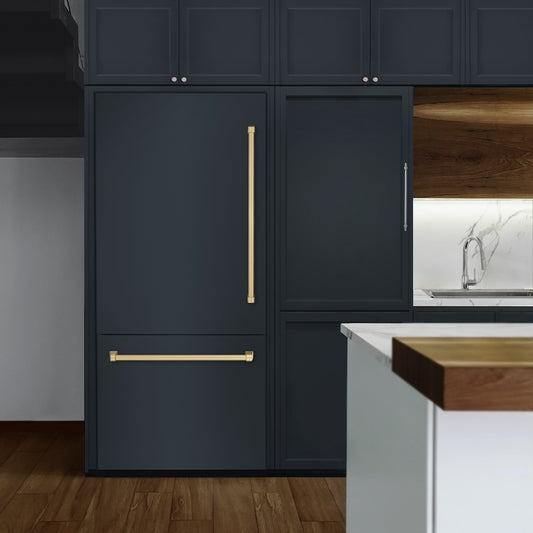 ZLINE Autograph Edition 36 in. 19.8 cu. ft. Panel Ready Built-In Bottom Freezer Refrigerator with Water Dispenser and Ice Maker with Champagne Bronze Accents (RBITZ-36-CB) lifestyle, in a luxury kitchen.
