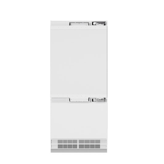 ZLINE Autograph Edition 36 in. 19.8 cu. ft. Panel Ready Built-In Bottom Freezer Refrigerator with Water Dispenser and Ice Maker with Matte Black Accents (RBITZ-36-MB) front, no panels, closed.