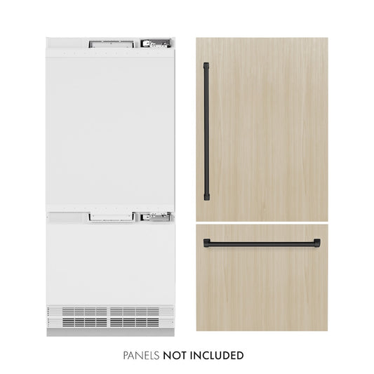 ZLINE Autograph Edition 36 in. 19.8 cu. ft. Panel Ready Built-In Bottom Freezer Refrigerator with Water Dispenser and Ice Maker with Matte Black Accents (RBITZ-36-MB) front, closed, next to custom panels with handles installed. Text: Panels not included. Trim kit included.