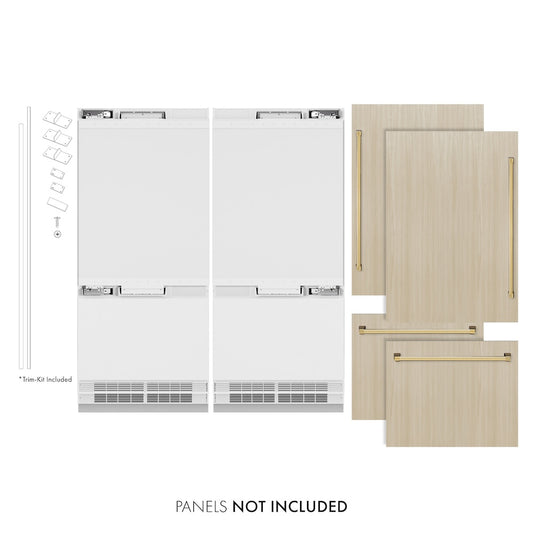ZLINE Autograph Edition 72 in. 39.6 cu. ft. Panel Ready French Door Built-In Bottom Freezer Refrigerator with Water Dispensers and Ice Makers and Polished Gold Accents (RBITZ-72-G) front, closed, next to custom panels with handles installed. Text: Panels not included. Trim kit included.