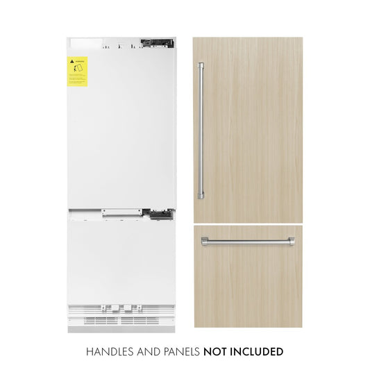 ZLINE 30 in. 16.1 cu. ft. Panel Ready Built-In Bottom Freezer Refrigerator with Water Dispenser and Ice Maker (RBIV-30) front, next to custom panels and handles. Text: Handles and panels not included.