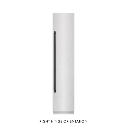 ZLINE Autograph Edition 18 in. 8.6 cu. ft. Right Hinge Column Freezer in Satin Stainless Steel with Graphite Gray Interior and Matte Black Accents (RCFVRZ-SN-18-MB) front, closed.