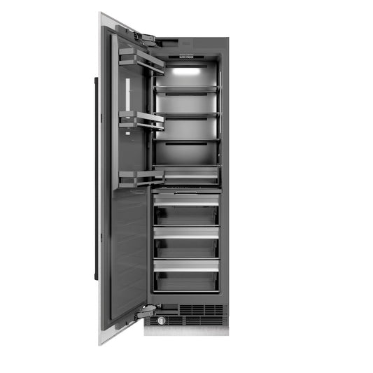 ZLINE Autograph Edition 24 in. 12.4 cu. ft. Column Freezer in Satin Stainless Steel with Graphite Gray Interior and Matte Black Accents (RCFVZ-SN-24-MB) front, open.